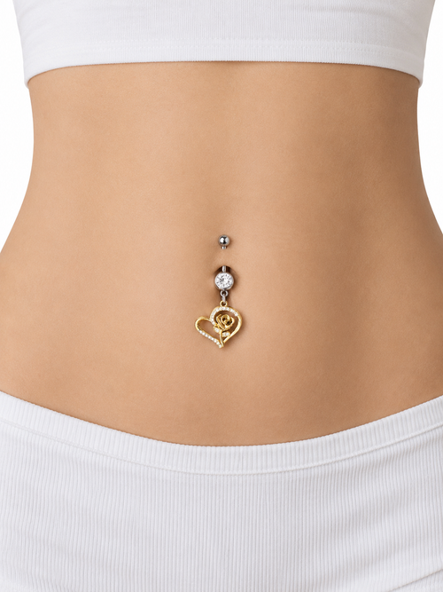 GOLD HEART ROSE BELLY RING